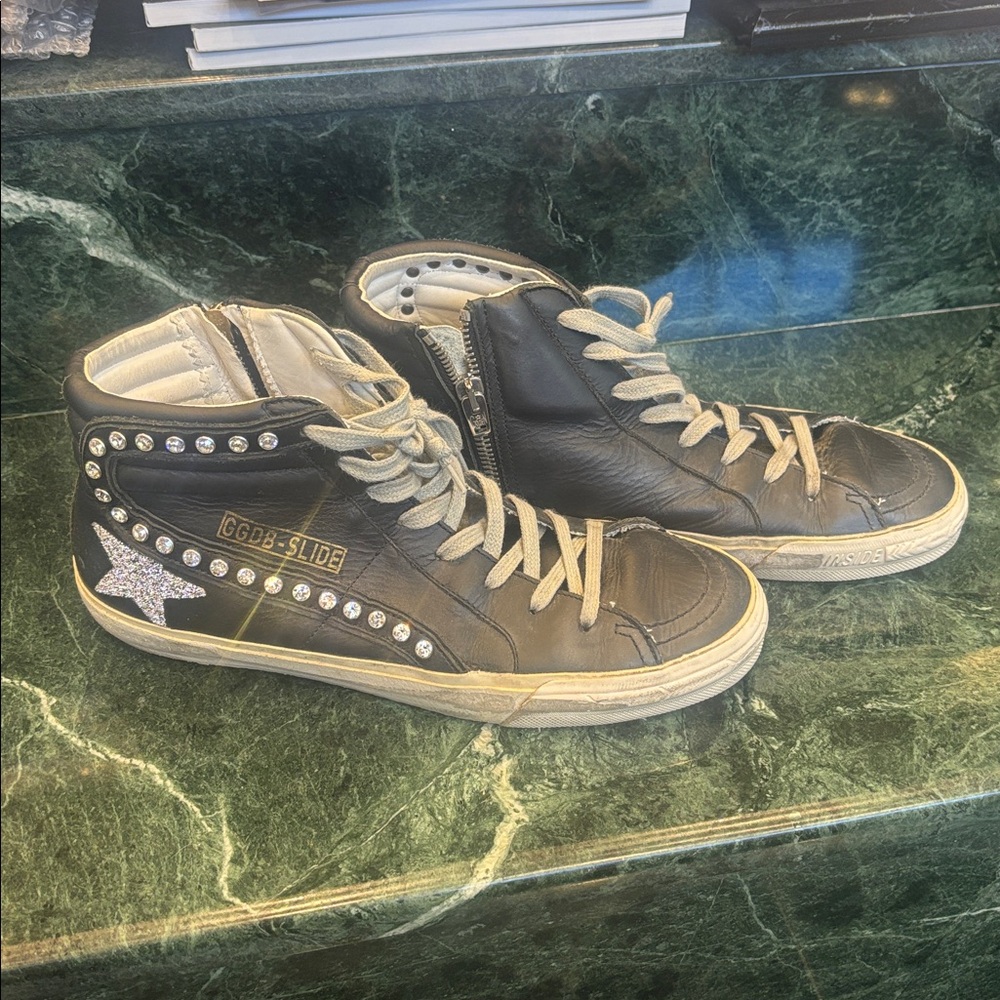 Golden Goose Black High-Tops with Silver Star and Swarovski crystals